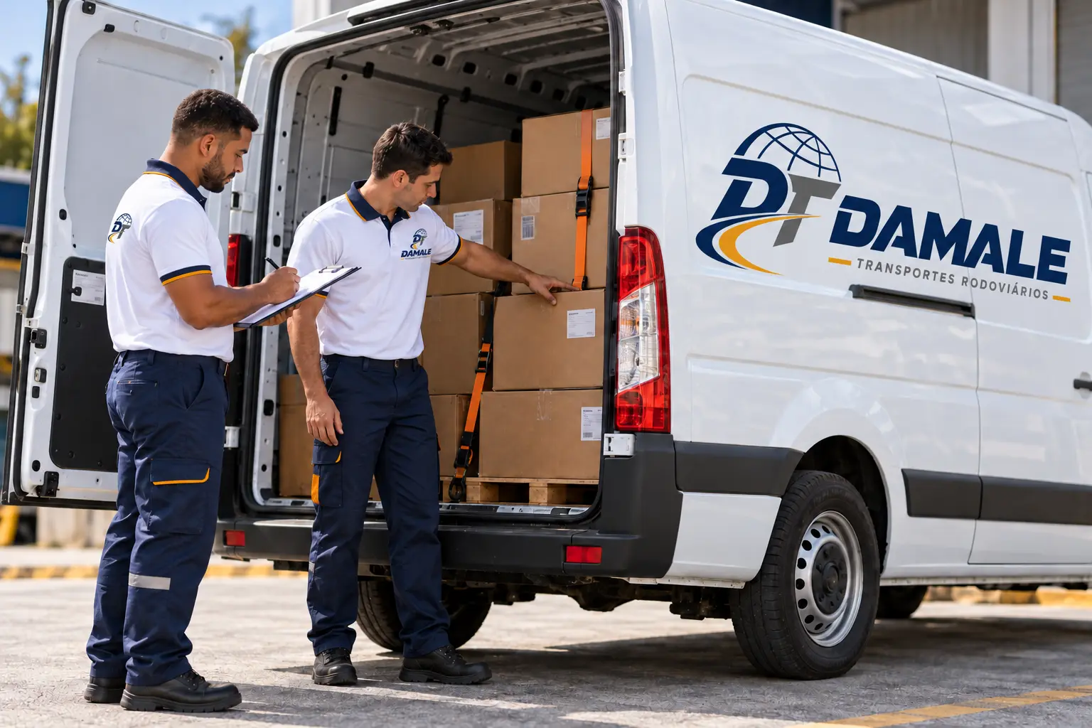 Profissionais Damale conferindo a carga no interior de uma van