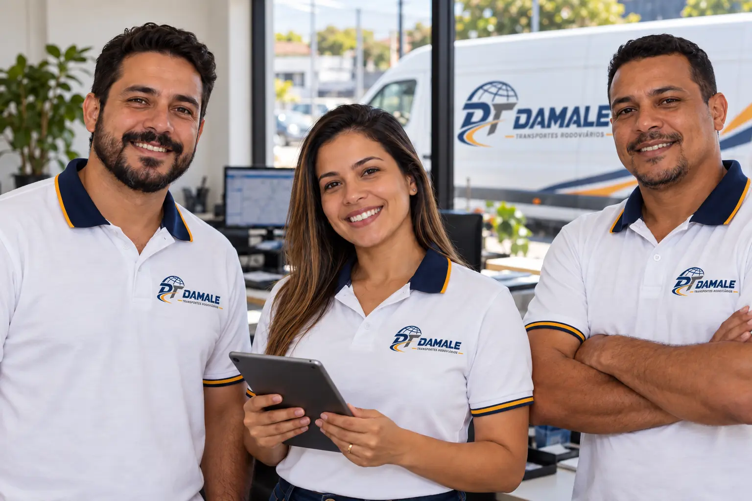 Equipe Damale no escritório de despacho, com van da marca ao fundo