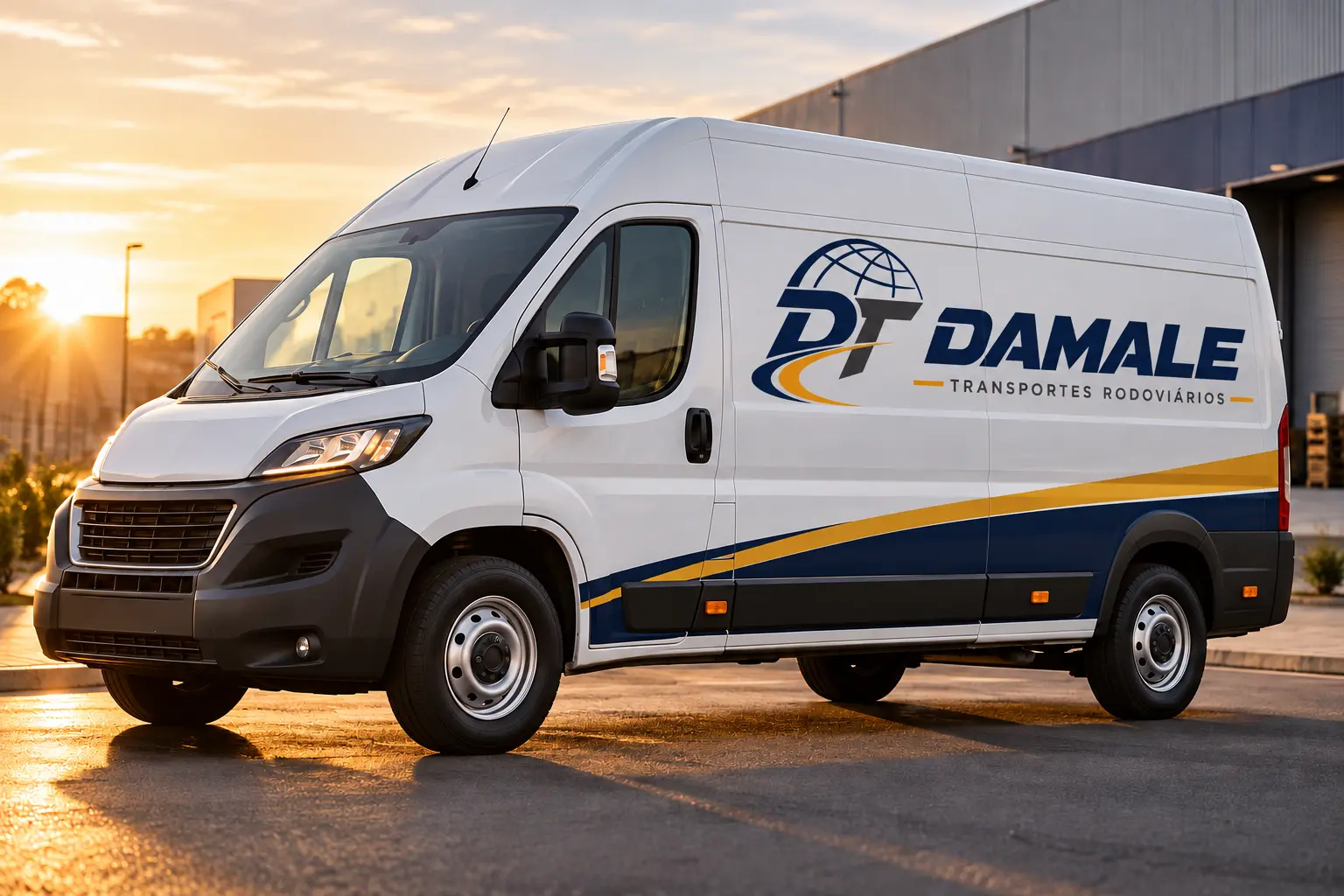 Van da Damale Transportes Rodoviários no pátio do armazém ao amanhecer
